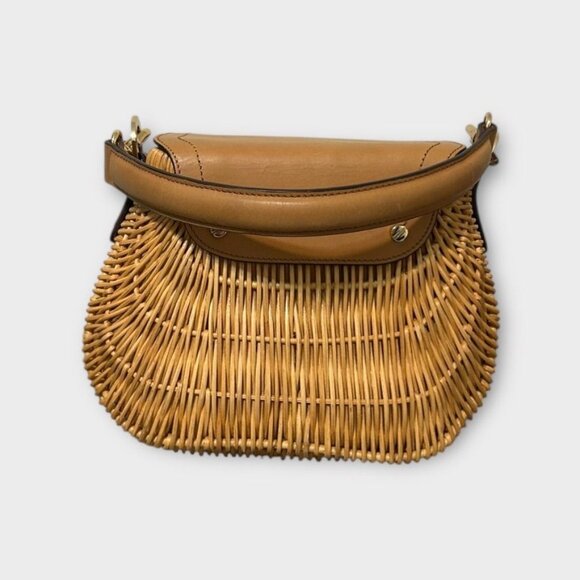 Tory Burch Basket Bag Satchel Handbag Bamboo Leather Tan Gold Logo 4FM90 - Picture 10 of 13